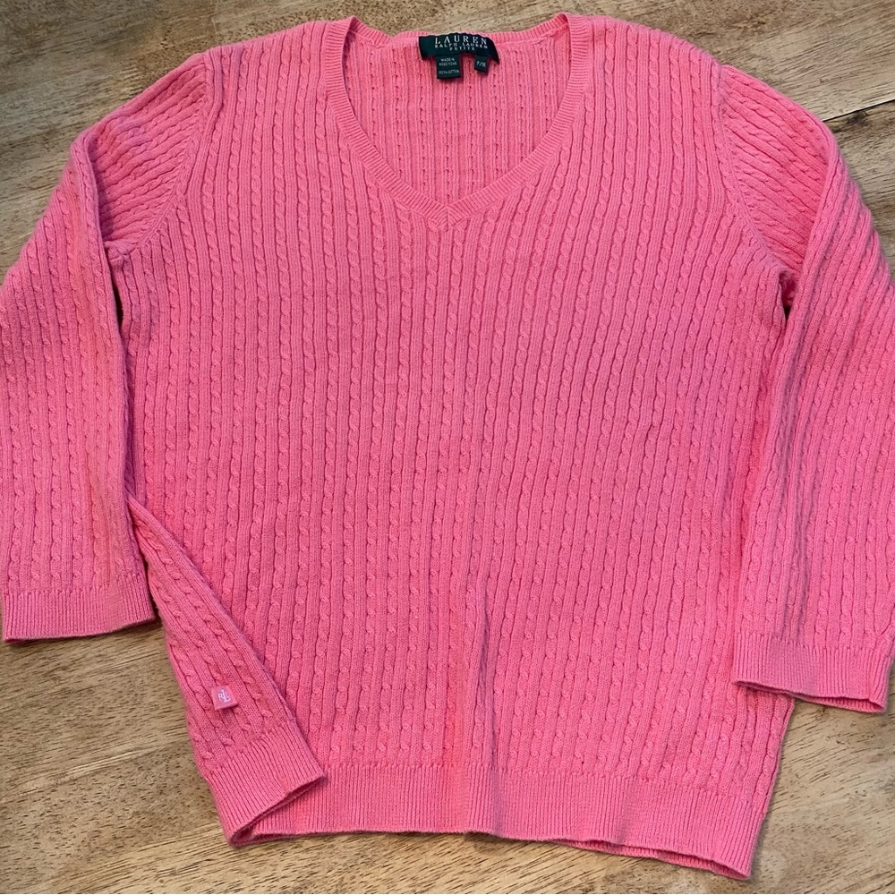 Lauren Ralph Lauren Petite‎ Women’s Size P/M Pink 100% Cotton Cable Knit V Neck - Picture 6 of 14